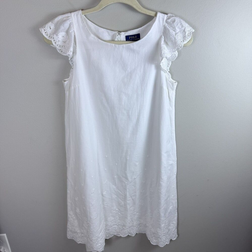 Polo Ralph Lauren White Eyelet Lace Dress Flutter Short sleeves Girls Size 14